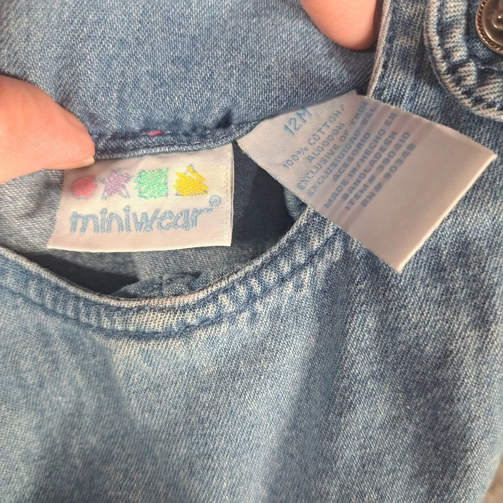 VTG Miniwear Baby Girls 12M‎ Blue Denim Floral Embroidered Jumper Cottagecore